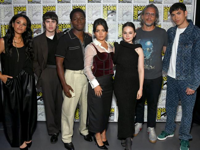 Tiffany Smith, Spike Fearn, David Jonsson, Isabela Merced, Cailee Spaeny, Fede Alvarez and Archie Renaux at the Alien: Romulus Panel in Hall H at San Diego Comic Con last month. Picture: Getty Images