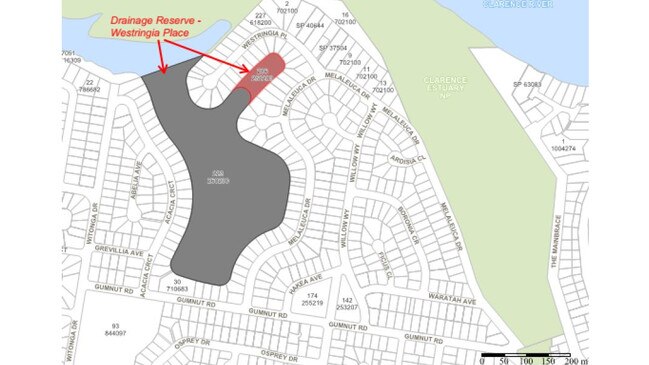 Document maps submitted by Clarence Valley Council showing where the current drainage reserves are located near Westringia Place, Yamba.