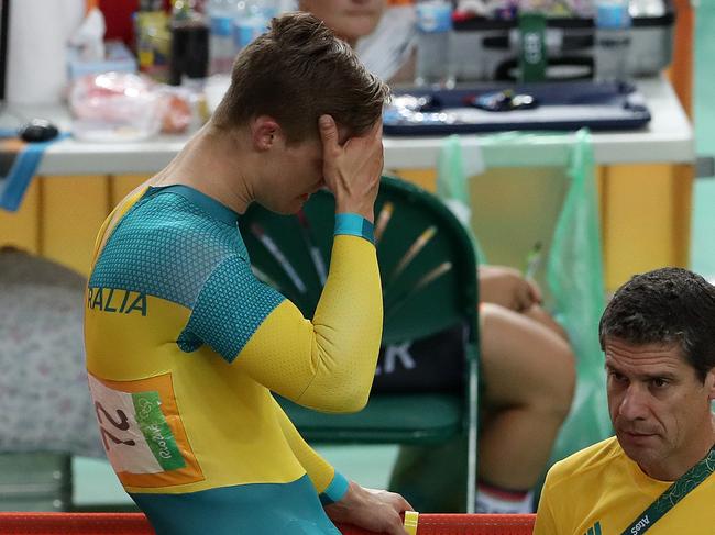 Matthew Glaetzer in action during the Men's Keirin Second round, where he was knocked out not making the medal rounds at the Rio Olympics 2016 track cycling at the Rio Olympic Velodrome. Pics Adam Head