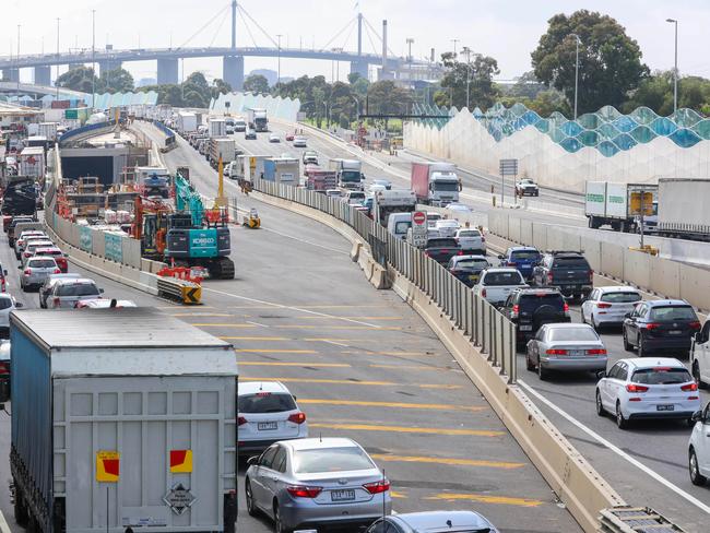 Traffic chaos on the West Gate Bridge. Picture: Brendan Beckett