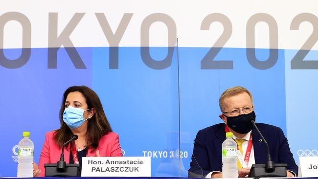 Annastacia Palaszczuk (left) with John Coates at the Tokyo 2020 Olympics Picture: Adam Head