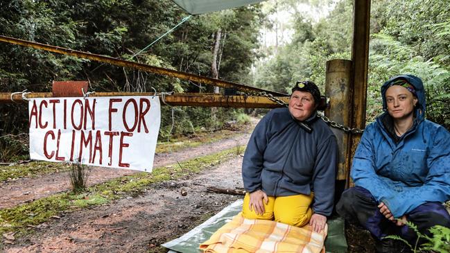 Dr Colette Harmsen (left) and Dr Lisa Searle are two of the Bob Brown Foundation supporters who are currently camped in rainforests at Que River, in a bid to stop logging by Sustainable Timbers Tasmania. Picture: BOB BROWN FOUNDATION