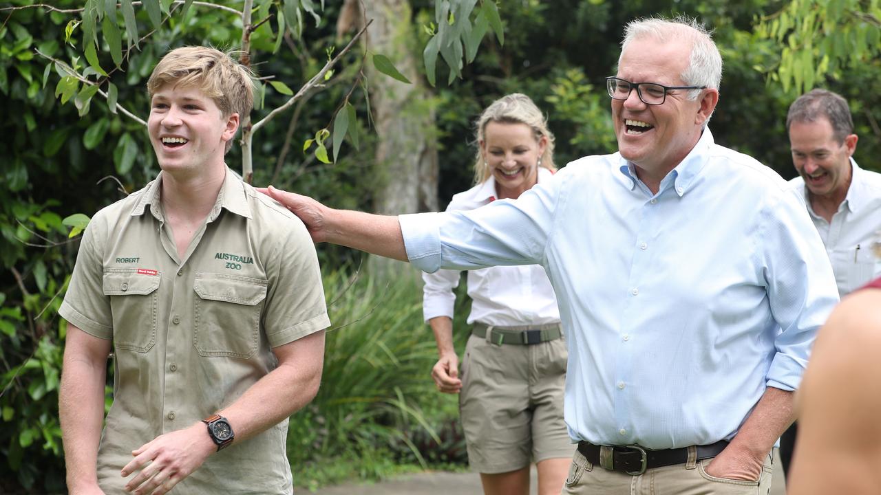 Robert Irwin and Prime Minister Scott Morrison at Australia Zoo on Saturday. Photo: Annette Dew