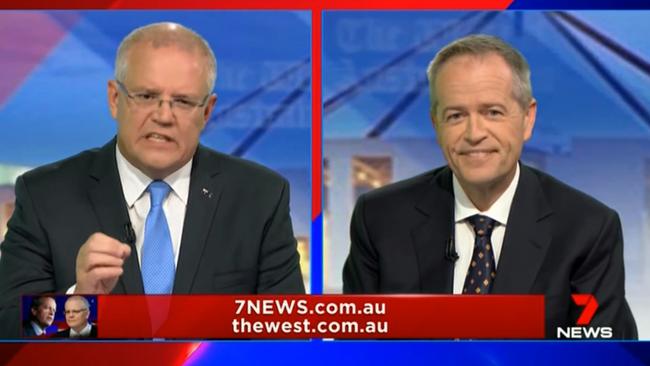 Scott Morrison and Bill Shorten during the first leaders’ forum last night. Picture: Channel Seven