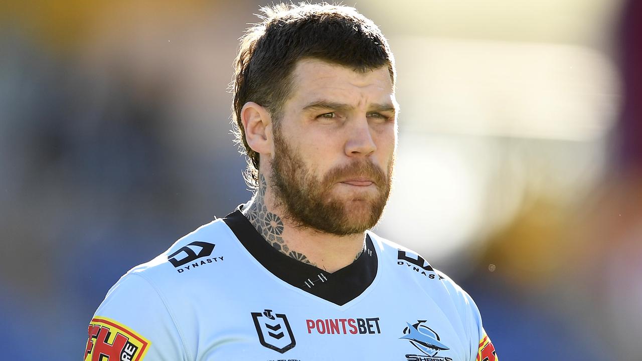 GOLD COAST, AUSTRALIA - JULY 04: Josh Dugan of the Sharks looks on during the round eight NRL match between the Gold Coast Titans and the Cronulla Sharks at Cbus Super Stadium on July 04, 2020 in Gold Coast, Australia. (Photo by Ian Hitchcock/Getty Images)