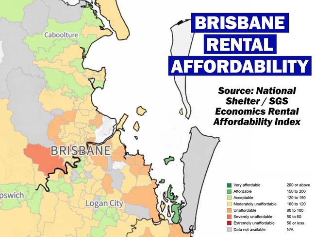 Map showing rental affordability in Brisbane.