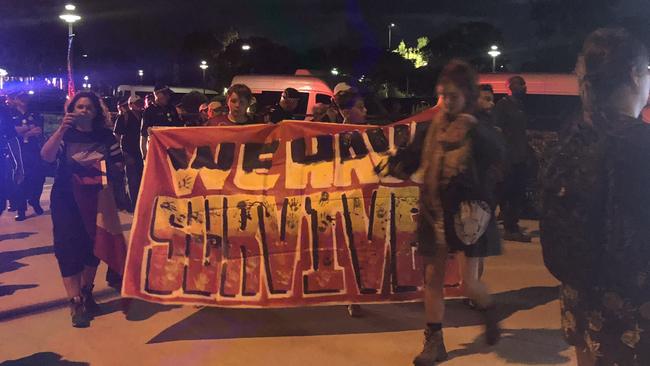 ‘STOLENWEALTH’ Games indigenous protesters at Carrara Stadium for the Commonwealth Games Opening Ceremony. Picture: Britt Ramsey