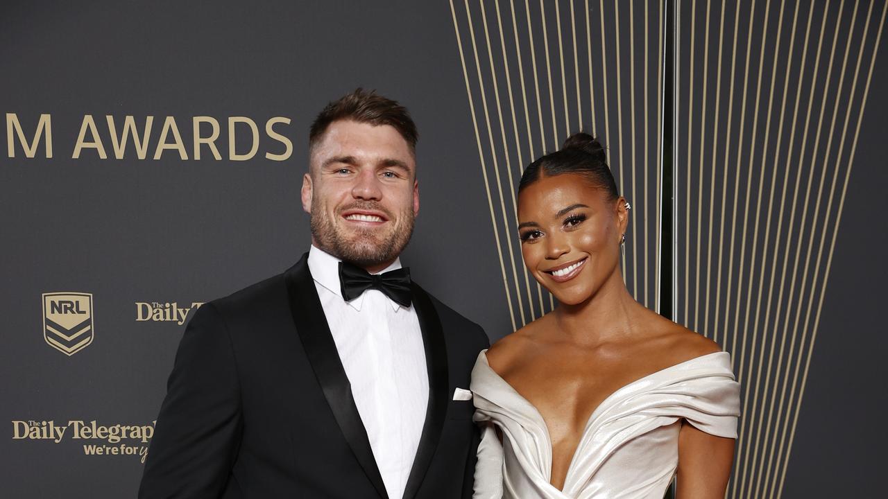 DAILY TELEGRAPH SEPTEMBER 28, 2022. Angus Crichton and Morgan Mitchell on the red carpet for the 2022 Dally M Awards, held at Royal Randwick Racecourse. Picture: Jonathan Ng