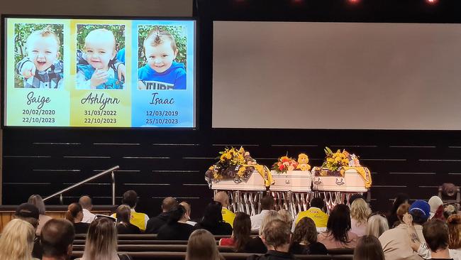 The funeral of Isaac, Ashlynn and Saige who were killed by a shed fire in Corio. Picture: Alison Wynd