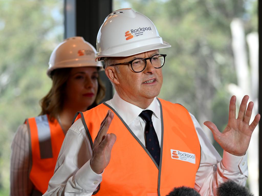 Prime Minister Anthony Albanese speaks during a visit to the Rockpool Residential Aged Care in Carseldine, in Brisbane's north. Picture: NCA NewsWire / Dan Peled