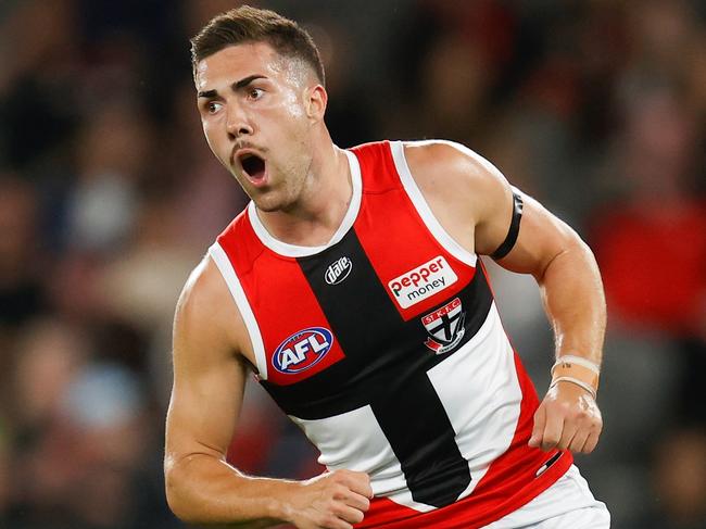 MELBOURNE, AUSTRALIA - MARCH 05: Jade Gresham of the Saints celebrates a goal during the 2022 AFL Community Series match between the Essendon Bombers and the St Kilda Saints at Marvel Stadium on March 5, 2022 In Melbourne, Australia. (Photo by Michael Willson/AFL Photos via Getty Images)