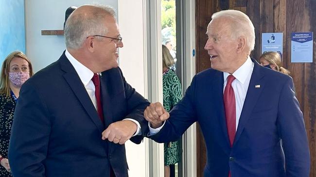 Scott Morrison greets Joe Biden at the Carbis Bay Estate. Picture: Adam Taylor