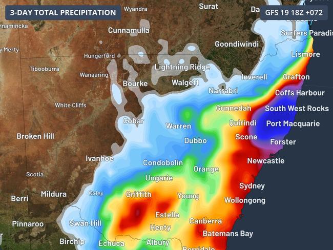 A forecast of accumulated rain during the 3 days ending at 4am AEST on May 23, 2025. Picture: Weatherzone