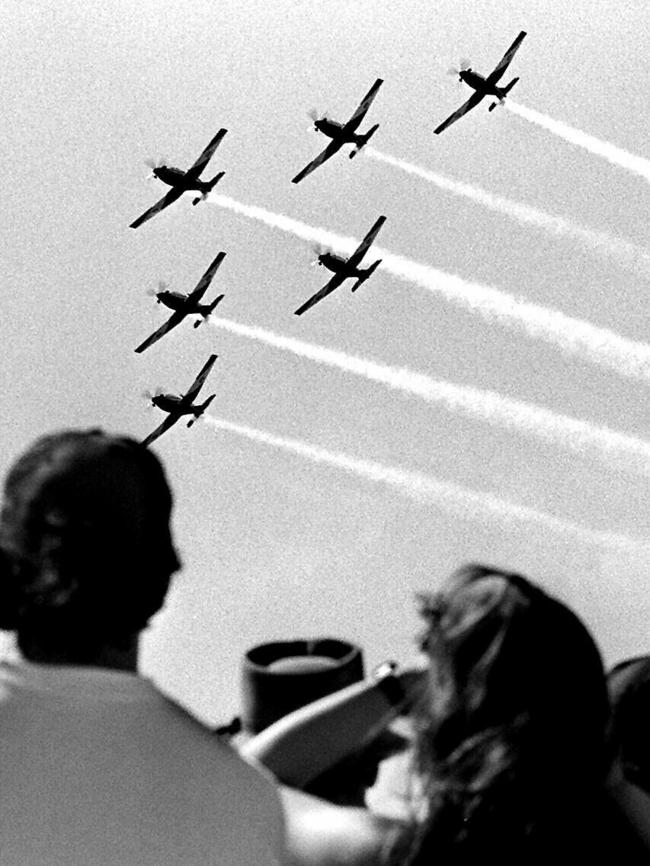 Roulettes aerobatic team flying Pilatus PC-9 (PC9) aircraft at Townsville air show celebrating RAAF 75 years anniversary. Australian Armed Forces / air force