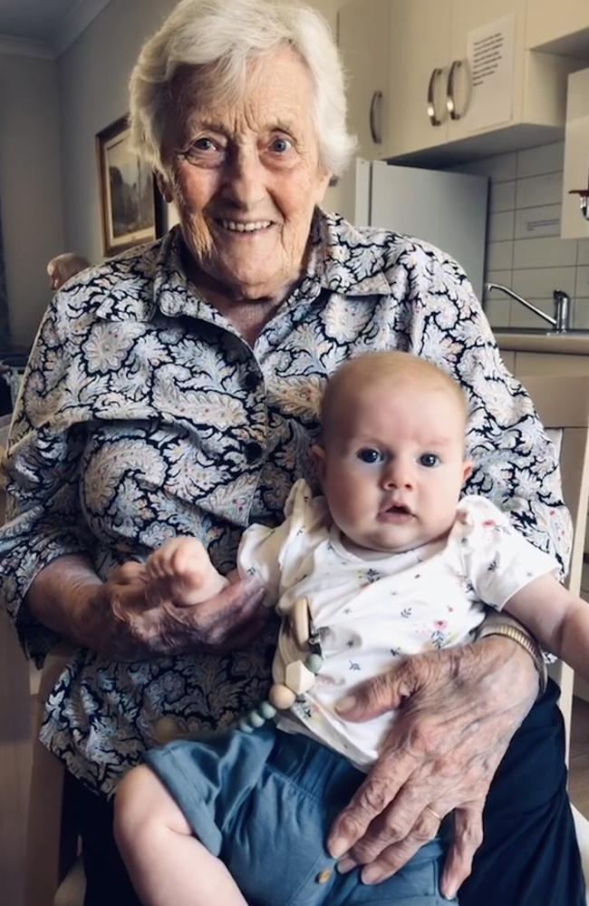 Elva Armstrong, 91, with great granddaughter Octavia, six months. Picture: Supplied