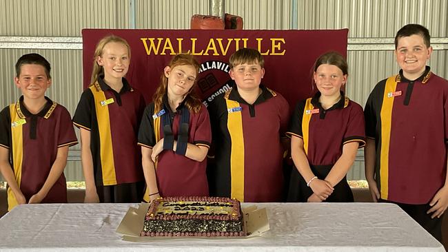 Wallaville State School 2023 leaders: Pictured (from left to right) – Drinan Sports Captains: Kody Clarke and Lara Stallan, School Captains: Ruby Clark and Seth Charteris, Walla Sports Captains: Alirra Brown and Tait Whitfield.