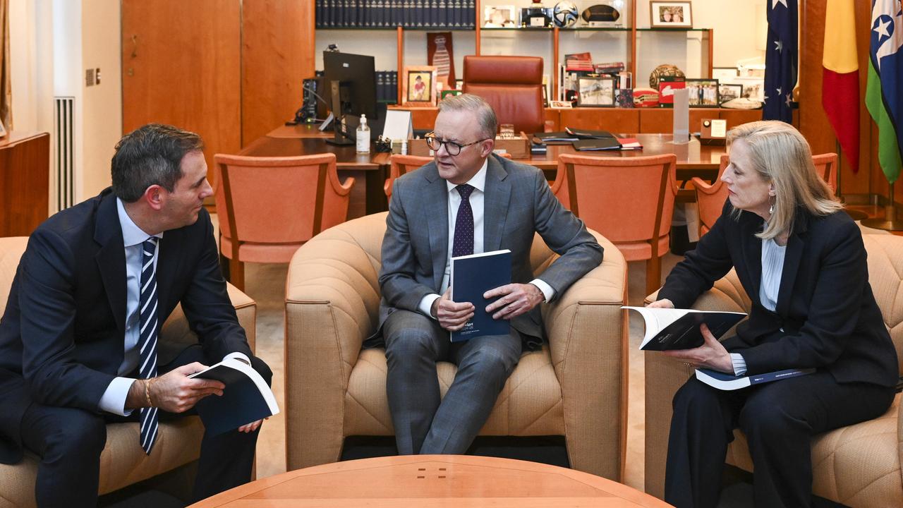 Prime Minister Anthony Albanese, Treasurer Jim Chalmers and Finance Minister Katy Gallagher with the 2024-25 Budget papers. The government is preparing to unveil energy bill relief, tax cuts and an extension of the instant asset write-offs for business. Picture: NCA NewsWire / Martin Ollman