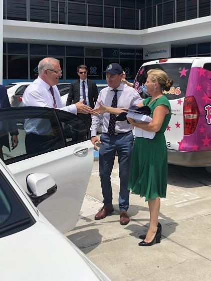 Prime Minister Scott Morrison, Redland City Council Mayor Karen Williams and Bowman MP Andrew Laming in the Redlands yesterday. 