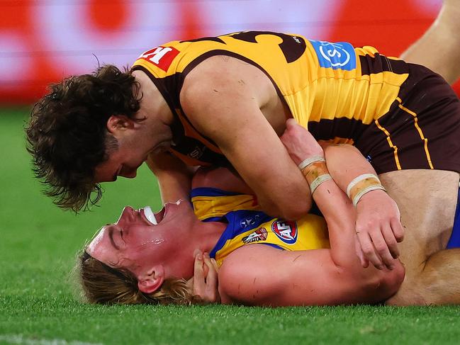 MELBOURNE, AUSTRALIA - APRIL 27: Nick Watson of the Hawks and Harley Reid of the Eagles interact after a tackle during the round seven AFL match between Hawthorn Hawks and West Coast Eagles at Marvel Stadium, on April 27, 2025, in Melbourne, Australia. (Photo by Morgan Hancock/Getty Images)