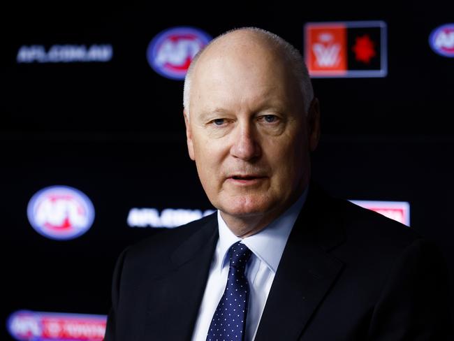 MELBOURNE, AUSTRALIA - MAY 01: Richard Goyder, Chairman of the AFL speaks with media during the AFL CEO Announcement at Marvel Stadium on May 01, 2023 in Melbourne, Australia. (Photo by Michael Willson/AFL Photos via Getty Images)