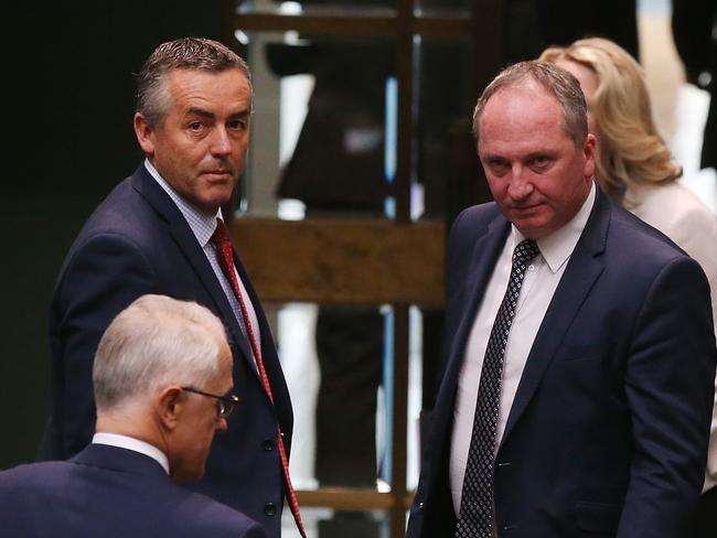 Nationals MP Darren Chester speaking with Deputy PM Barnaby Joyce. Picture: Kym Smith