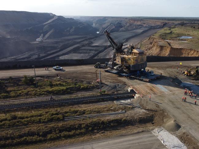 The engineering team at Peak Downs delivered a rail and road crossing to support the relocation of Shovel SHE36 from the north to south pits. Picture: BHP