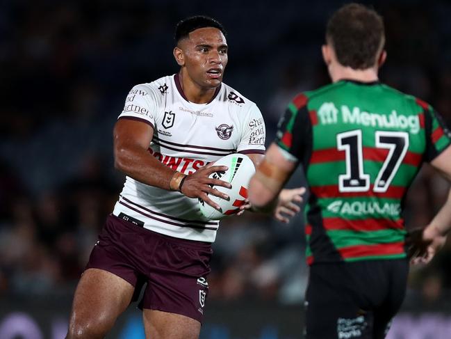 GOSFORD, AUSTRALIA - FEBRUARY 10: Viliame Fifita of the Sea Eagles runs the ball during the South Sydney Rabbitohs and the Manly Sea Eagles at Industree Group Stadium on February 10, 2023 in Gosford, Australia. (Photo by Jason McCawley/Getty Images)