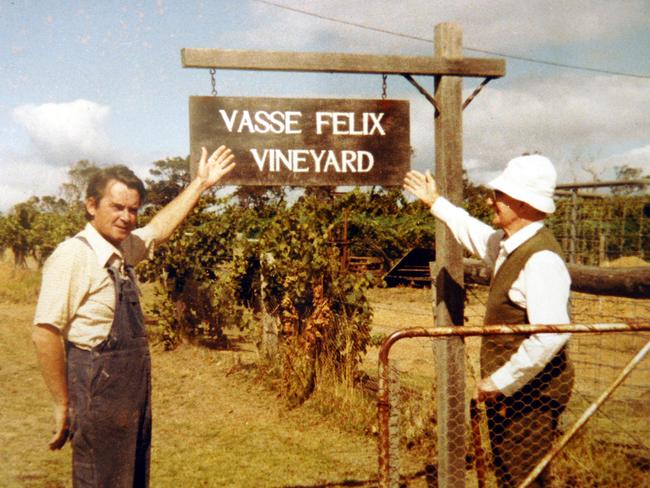 Dr Tom Cullity, left, and Jack Mann in the early days of Vasse Felix