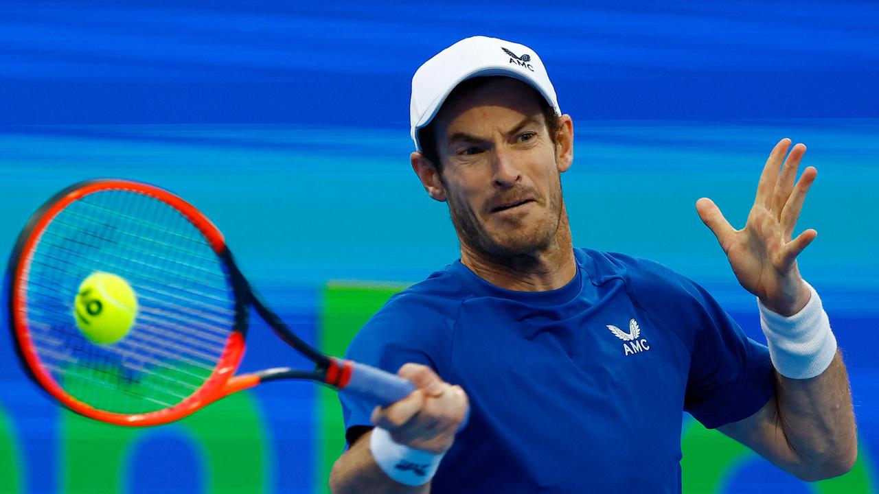 Britain's Andy Murray hits a return against Czech Republic's Jakub Mensik during their men's singles match at the ATP Qatar Open tennis tournament in Doha on February 21, 2024. (Photo by KARIM JAAFAR / AFP)