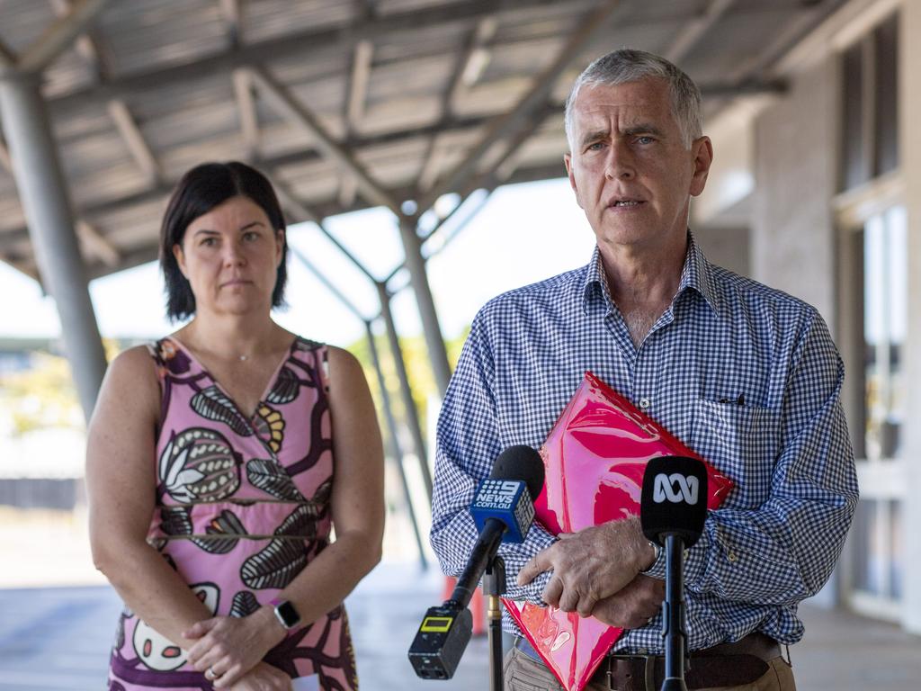 Acting chief health officer Charles Pain speaking at a press conference on Monday morning with the Chief Minister Natasha Fyles by his side. Picture: Floss Adams.