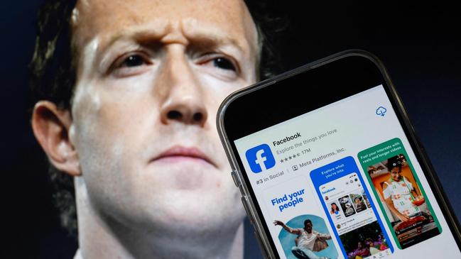 This photo illustration created on January 7, 2025, in Washington, DC, shows an image of Mark Zuckerberg, CEO of Meta, and a phone displaying the download page for the Facebook app. Social media giant Meta on January 7, 2025, slashed its content moderation policies, including ending its US fact-checking program, in a major shift that conforms with the priorities of incoming president Donald Trump. (Photo by Drew ANGERER / AFP)