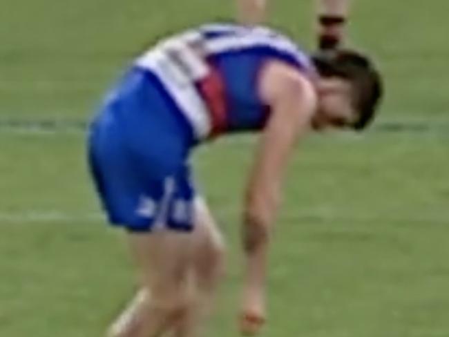 Tom Liberatore seen in an incident near the end of the game where he collapsed in the centre of the ground Source 7AFL