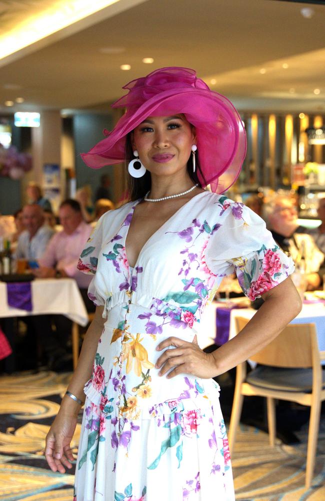 Gowns adorned by patrons at the Gympie RSL during the Melbourne Cup Races on November 7, 2023.