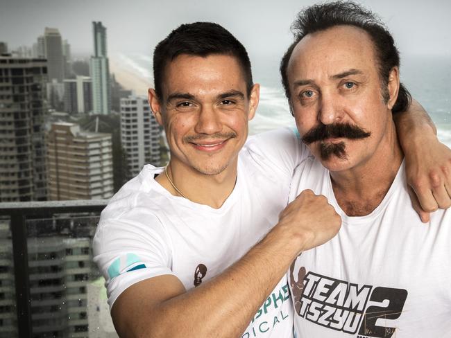 Tim Tszyu and celebrity doctor Bill Anseline (right), who has helped create a COVID-safe training base for the boxer on the Gold Coast ahead of the Jeff Horn fight in Townsville.Picture: NIGEL HALLETT