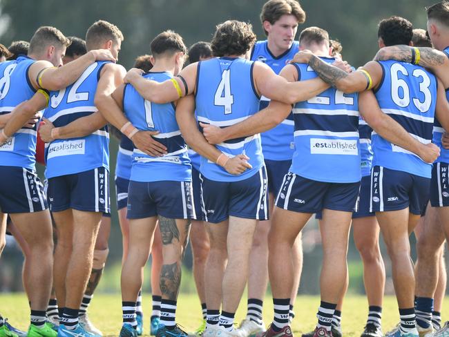 The Point Cook Centrals huddle together during the round four WFNL TIV Division 1 Senior Mens match between the Point Cook Centrals and Point Cook at Windorah Way Reserve, on May 04, 2024, in Melbourne, Australia. (Photo by Josh Chadwick)