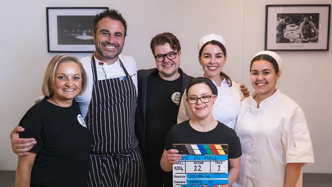 Tracey Corbin-Matchett OAM with Bus Stop’s Ambassador, Chef Miguel Maestre, filmmaker Julian Neuhaus, participant Ashley Khule and actors Lianne Mackessy and Micaela Phillips. Picture: supplied