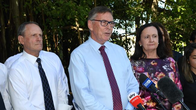 Territory Alliance's Terry Mills, Robyn Lambley, Jeff Collins and candidates after the announcement to stop Fracking if elected. Picture Katrina Bridgeford.