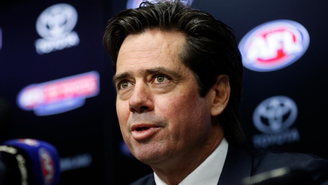MELBOURNE, AUSTRALIA - JULY 05: Gillon McLachlan, Chief Executive Officer of the AFL speaks with media during an AFL Press Conference announcing the resignation of Steve Hocking at Marvel Stadium on July 05, 2021 in Melbourne, Australia. (Photo by Michael Willson/AFL Photos via Getty Images)