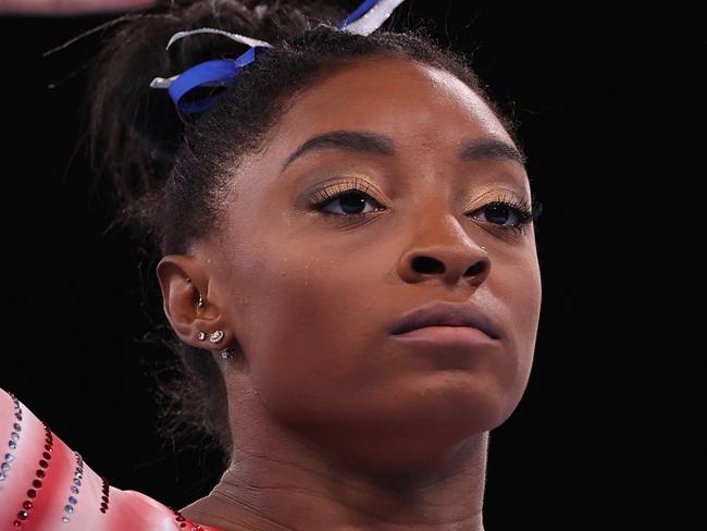 TOKYO, JAPAN - AUGUST 03: Simone Biles of Team United States in action during the Women's Balance Beam Final  on day eleven of the Tokyo 2020 Olympic Games at Ariake Gymnastics Centre on August 03, 2021 in Tokyo, Japan. (Photo by Laurence Griffiths/Getty Images)