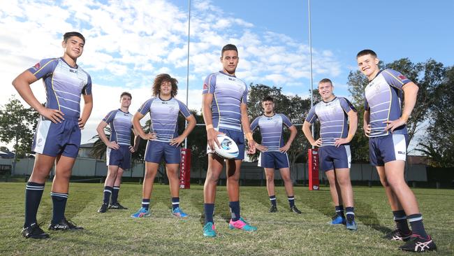 Coombabah State High state representatives Blake Ruaporo, Nick Hilton, Joseph Shannon, Timothy Sielaff-Burns, Beau Liddle, Kobie Mackey and Josh Lynn. Picture: Richard Gosling.