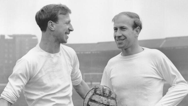 Jack Charlton with brother Bobby during an England training session at Stamford Bridge in 1965. Picture: Allsport Hulton