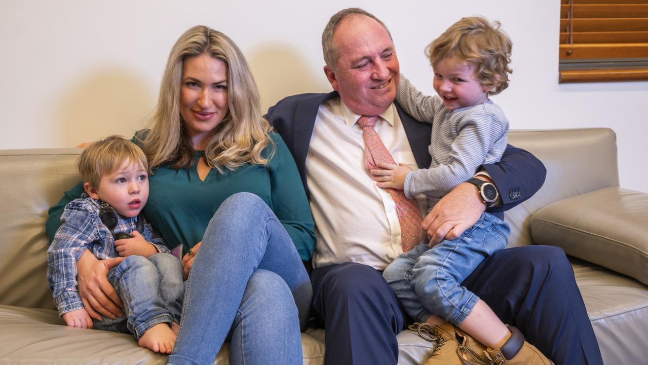 Deputy Prime Barnaby Joyce with Vikki Campion and their children, Sebastian and Thomas. Picture: NCA NewsWire/Martin Ollman