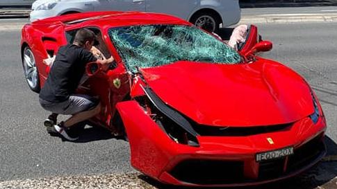 A Ferrari was severely damaged after a single vehicle crash on the Princes Hwy at St Peters on November 15 2021. Picture: First Choice Towing