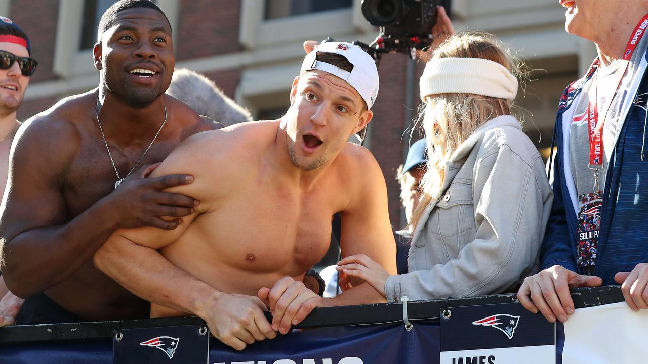 A shirtless Rob Gronkowski during the New England Patriots’ Super Bowl victory parade in Boston. Photo: Maddie Meyer/Getty Images/AFP