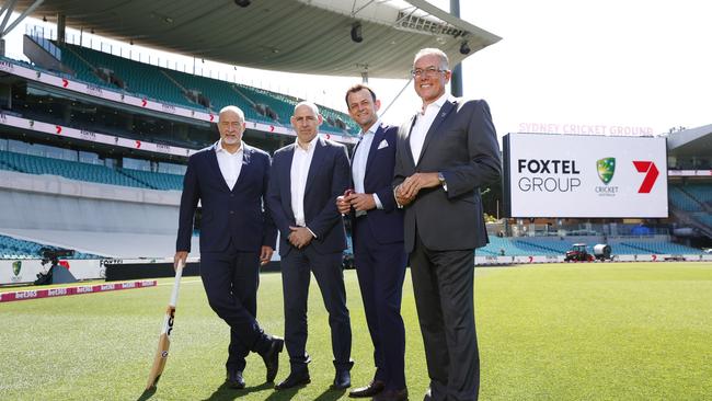 Lewis Martin, Nick Hockley, Adam Gilchrist and Foxtel Group CEO Patrick Delany. Picture: Richard Dobson