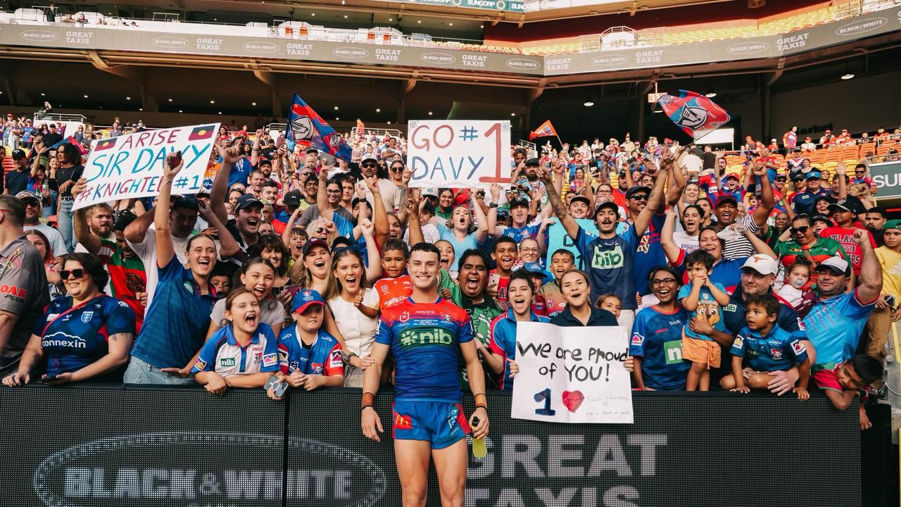 David Armstrong of the Newcastle Knights with his friends and family after his NRL debut at Suncorp Stadium. Picture: Knights Media.