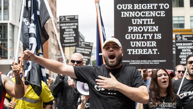 The marchers are protesting the forced administration of the construction division of the CFMEU. Picture: NewsWire / Monique Harmer