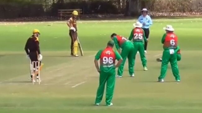 Players from the Bayswater-Morley Cricket Club remonstrate with the umpire after a decision goes against them in a Perth grade game against Mount Lawley