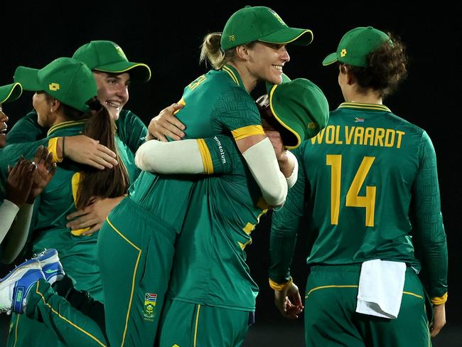 SYDNEY, AUSTRALIA - FEBRUARY 07: South Africa celebrate victory during game two of the Women's One Day International series between Australia and South Africa at North Sydney Oval on February 07, 2024 in Sydney, Australia. (Photo by Mark Metcalfe/Getty Images)