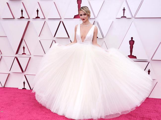 Bulgarian actress Maria Bakalova’s Louis Vuitton gown featured 100m of tulle. Picture: AFP